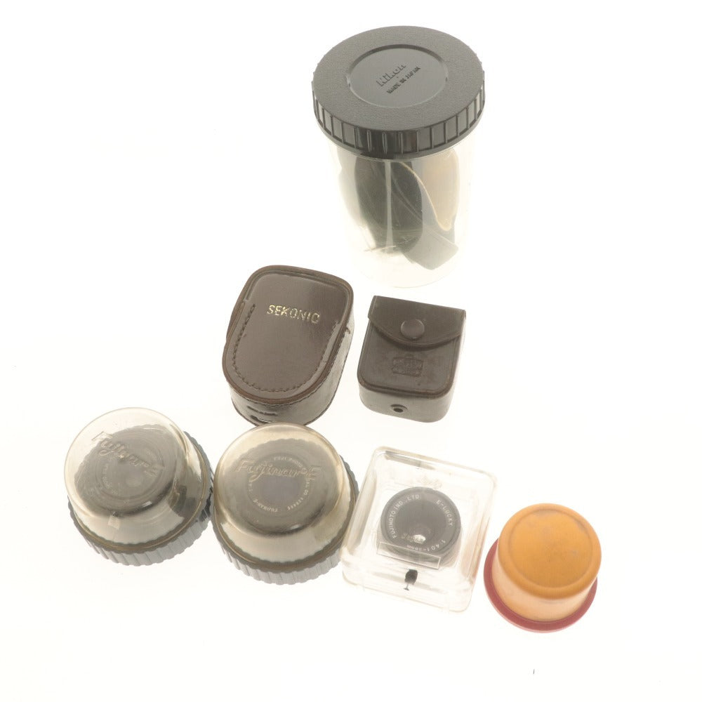 ■ 4-piece camera lens set (bulk sale) E-LUCKY 1:4.0 f=38mm, FUJINAR-E Hexar 1:4.5 f=9cm, 5cm, 75mm, with accessories, light meter, and belt