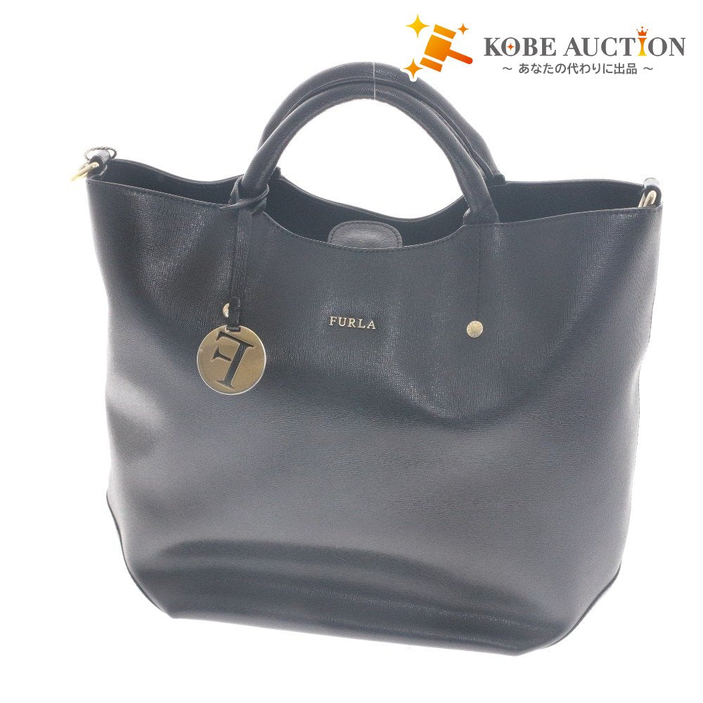 ■ FURLA フルラ ハンドバッグ ショルダーバッグ 鞄 マグネット ポケット ゴールド金具 メンズ レディース ブラック 袋付き