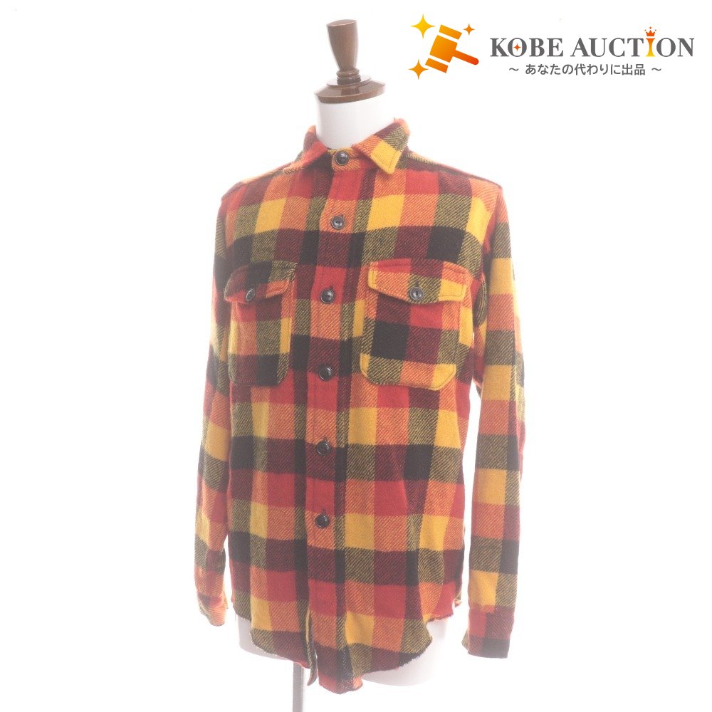 ■ メルトン Melton シャツ 長袖 トップス チェック ジャケット 厚手 USA ヴィンテージ メンズ 15 オレンジ系