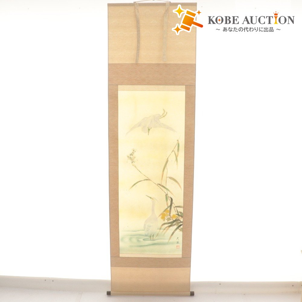 ■ 小川大鳳 掛軸 『白鷺』 サギ 花鳥 絹本・肉筆 秋～冬軸 14334 全長187cm 共箱付き 美品