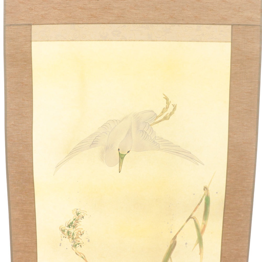 ■ 小川大鳳 掛軸 『白鷺』 サギ 花鳥 絹本・肉筆 秋～冬軸 14334 全長187cm 共箱付き 美品