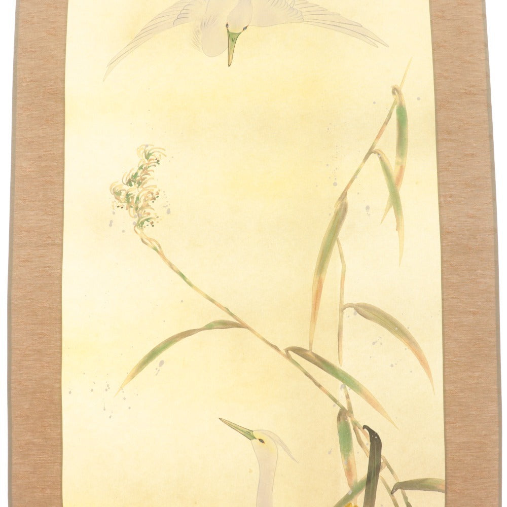■ 小川大鳳 掛軸 『白鷺』 サギ 花鳥 絹本・肉筆 秋～冬軸 14334 全長187cm 共箱付き 美品