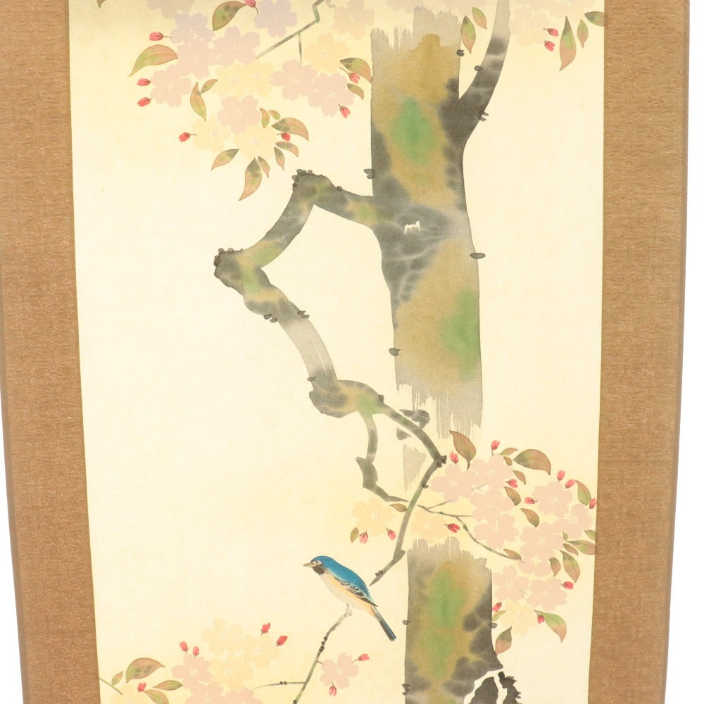 ■ 小川大鳳 掛軸 春軸 『桜に瑠璃鳥 さくら』 花鳥 絹本 肉筆 14326 全長187cm 共箱付き 美品