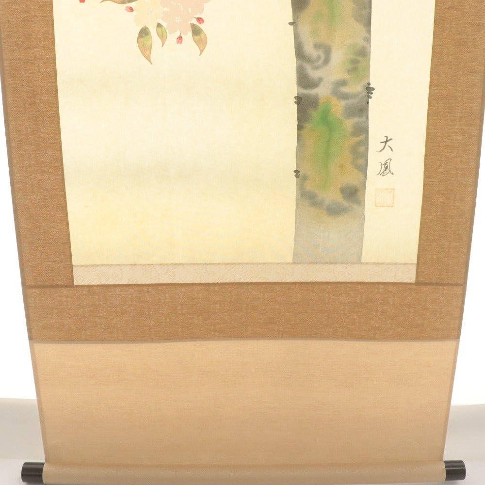 ■ 小川大鳳 掛軸 春軸 『桜に瑠璃鳥 さくら』 花鳥 絹本 肉筆 14326 全長187cm 共箱付き 美品