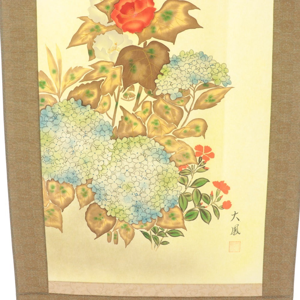 ■ 小川大鳳 掛軸 『紫陽花に蜻蛉』夏軸 花鳥 絹本 肉筆 14329 全長186cm 共箱付き 美品