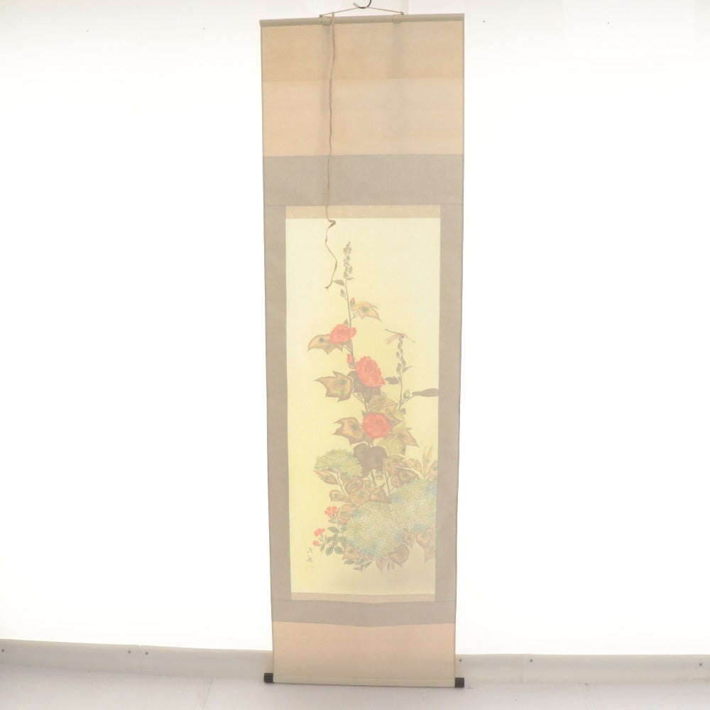 ■ 小川大鳳 掛軸 『紫陽花に蜻蛉』夏軸 花鳥 絹本 肉筆 14329 全長186cm 共箱付き 美品