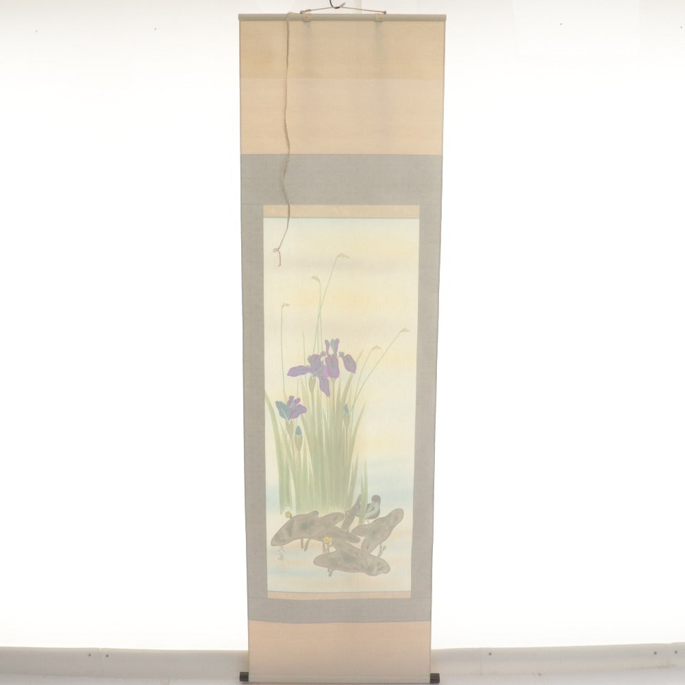 ■ 小川大鳳 掛軸 『菖蒲に鷭』 春軸 花鳥 絹本 肉筆 全長187cm 共箱付き