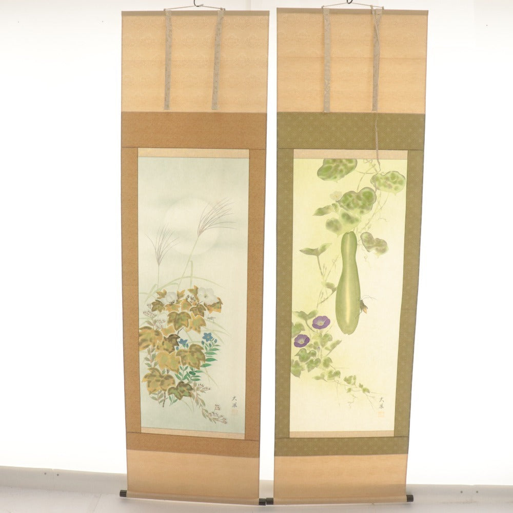 ■ 小川大鳳 掛軸 4点セット まとめ売り 月に秋草/糸瓜に朝顔/梅に鶯/竹に雀/ 秋軸 夏軸 初春軸 冬軸 花鳥 絹筆 肉筆 全長187cm 共箱付き