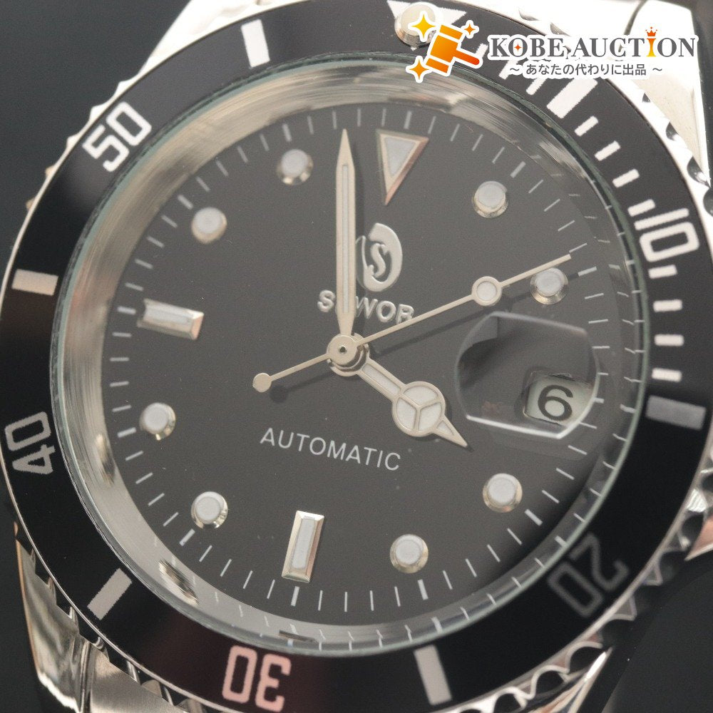 ■ SEWOR セウォア 腕時計 AUTOMATIC 自動巻き 106.5g メンズ シルバー 文字盤 ブラック 付属品付き