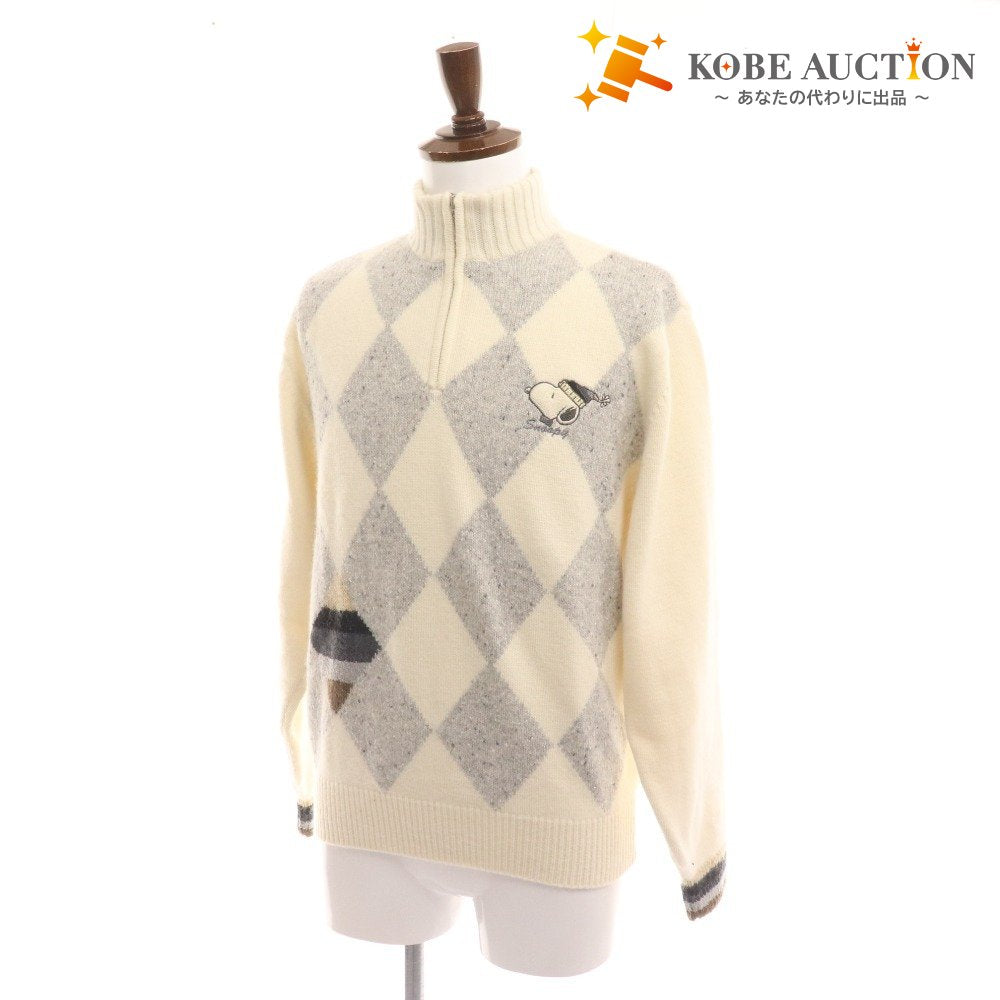 ■ グリーンクラブ セーター 長袖 トップス ニット スヌーピー 刺繍 アーガイル ハーフジップ メンズ 3（M相当） ホワイト系