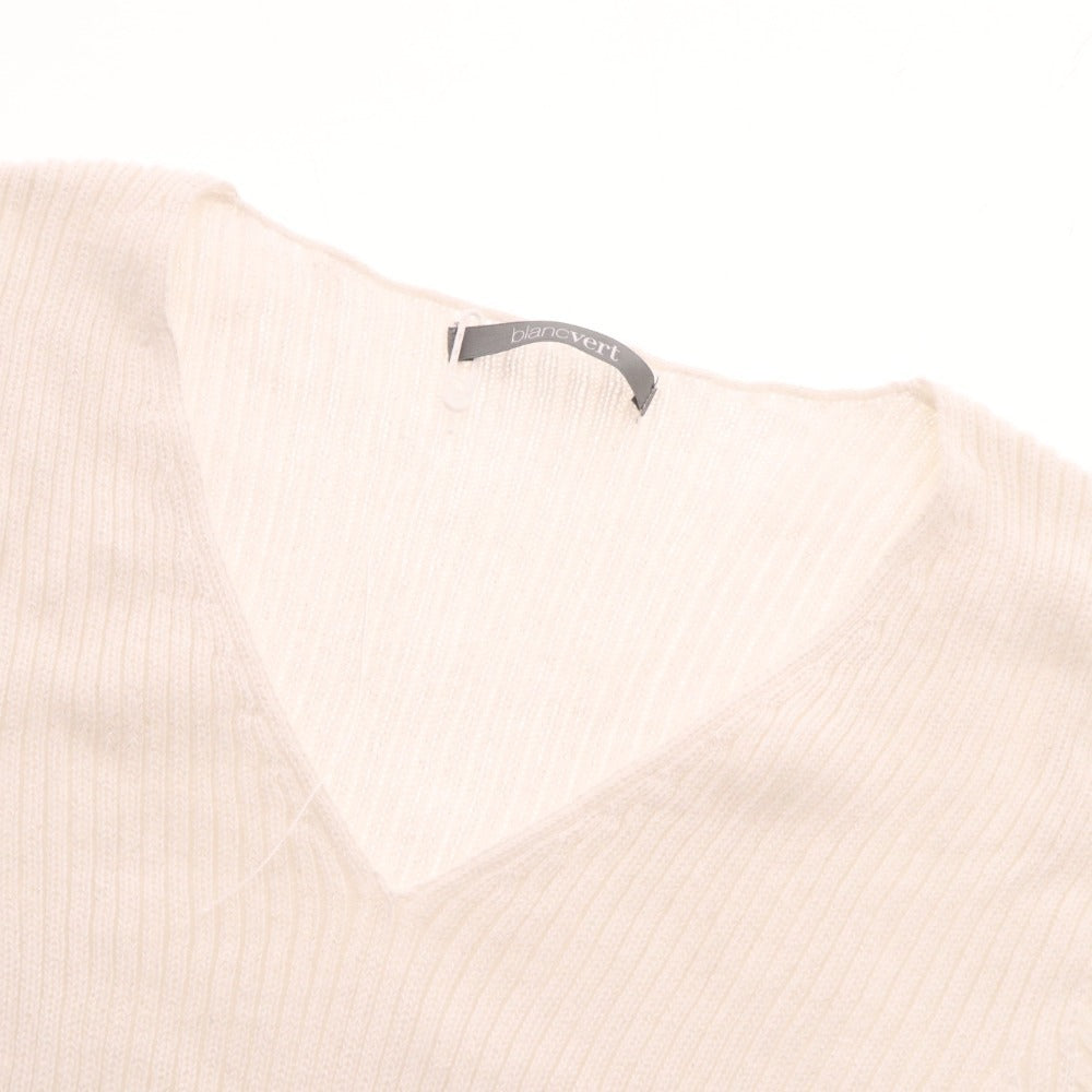 ■ Blanc Vert Cut and Sew Long Sleeve Top V-Neck Lamé Women's Size 40 White
