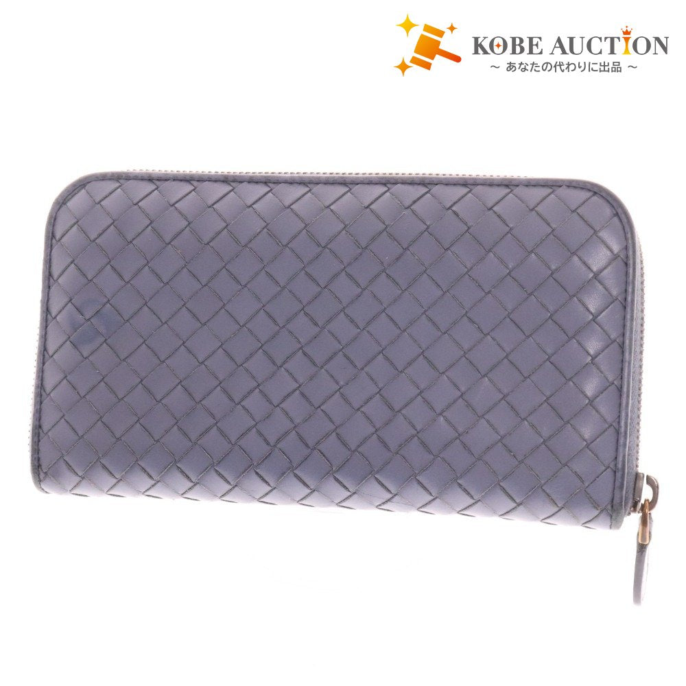 ■ ボッテガヴェネタ 長財布 ウォレット イントレチャート ラウンドファスナー メンズ ブルー グレー系 付属品付き