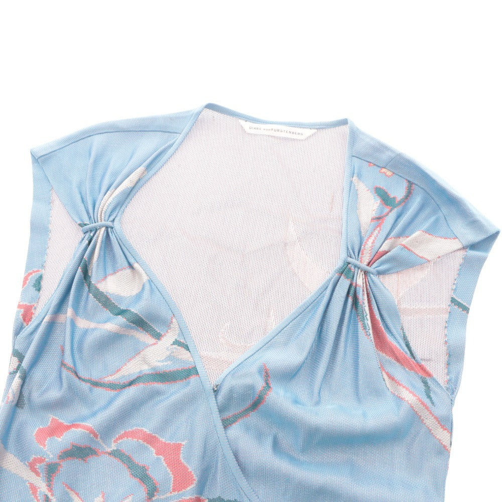 ■ Diane von Furstenberg ラップドレス トップス 袖なし カシュクールワンピース 花柄 紐ベルト Vネック レディース M ライトブルー 等