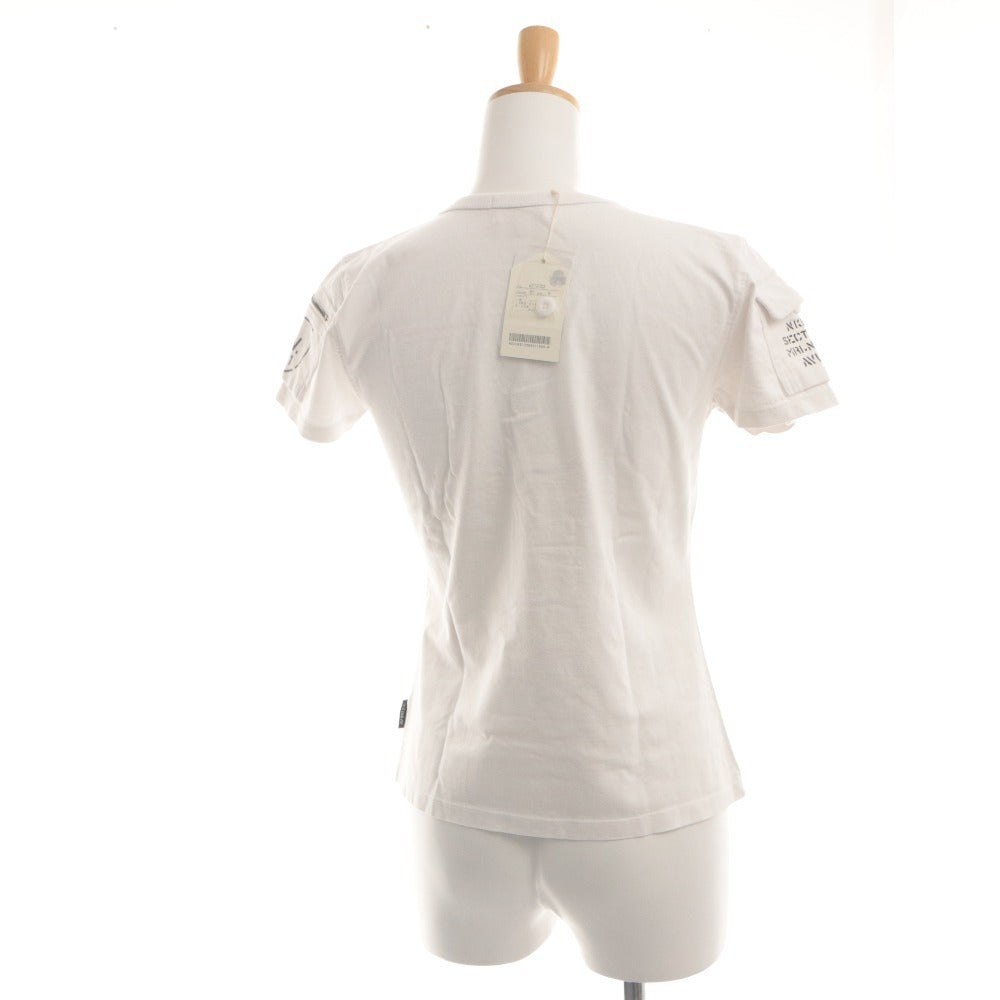 ■ AVIREX Tシャツ ファティーグ クルーネック 半袖 トップス USA WOMAN ロゴ 胸ポケット レディース S 白 タグ,ボタン付き 未使用(汚有)