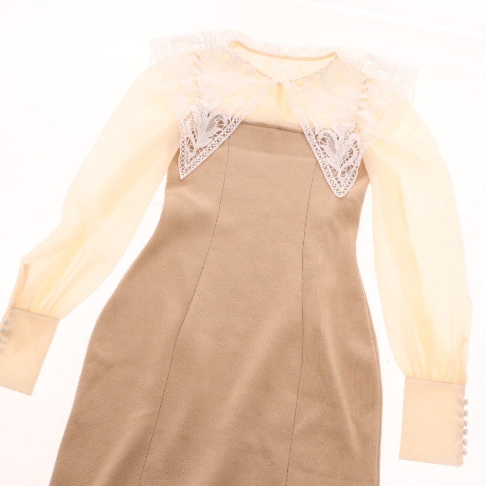 ■ エイミーイストワール ニットワンピース 長袖トップス ボトムス レースカラー レディース F ベージュ系