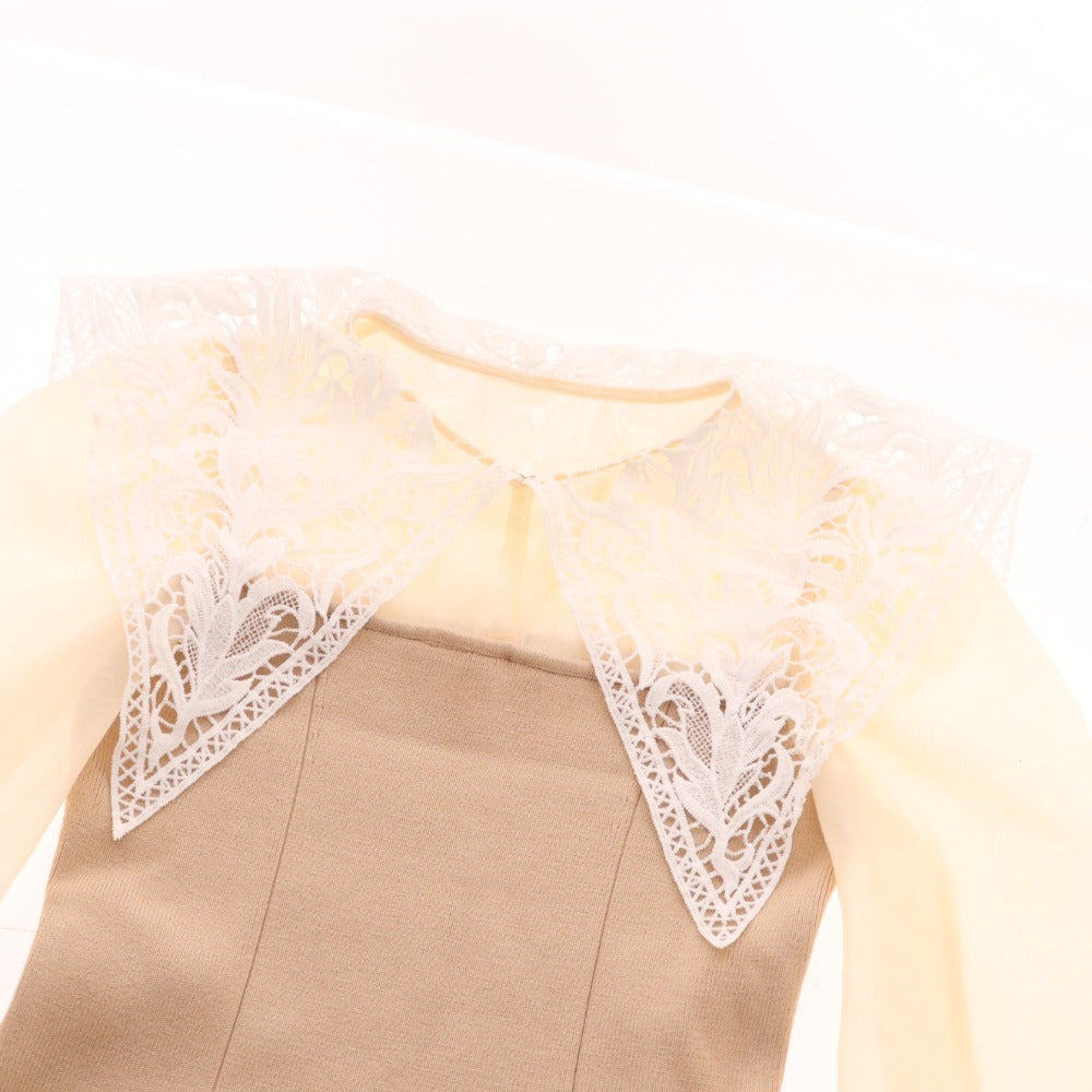 ■ エイミーイストワール ニットワンピース 長袖トップス ボトムス レースカラー レディース F ベージュ系