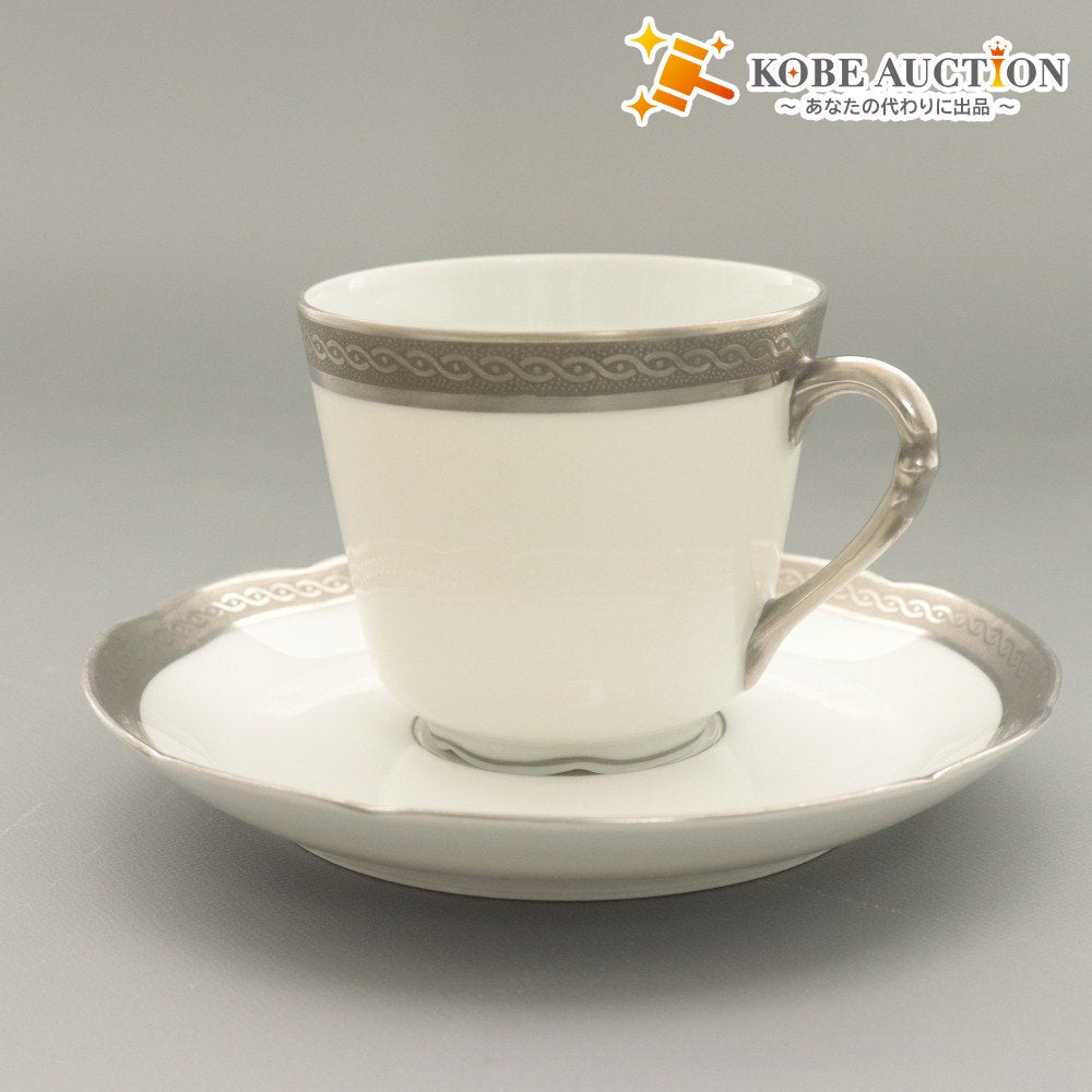 ■ BERNARDAUD LIMOGES B&C ベルナルドリモージュ カップ ソーサー 1組 プラチナ ティーカップ 小皿 柄 フランス 全長8.8cm 13cm ホワイト