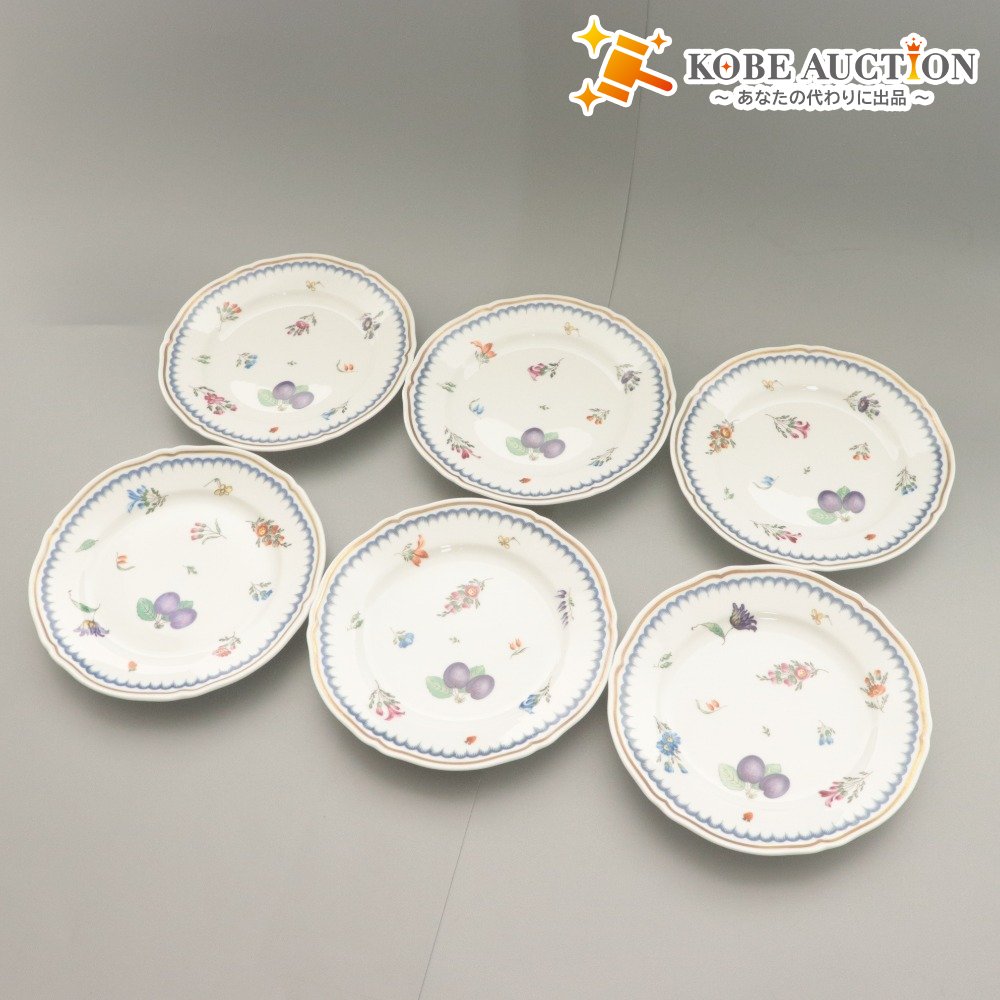 ■ リチャード ジノリ イタリアン フルーツ ケーキ皿 6点セット まとめ売り 中 小皿 浅皿 花柄 イタリア 全長19.2cm ホワイト 等