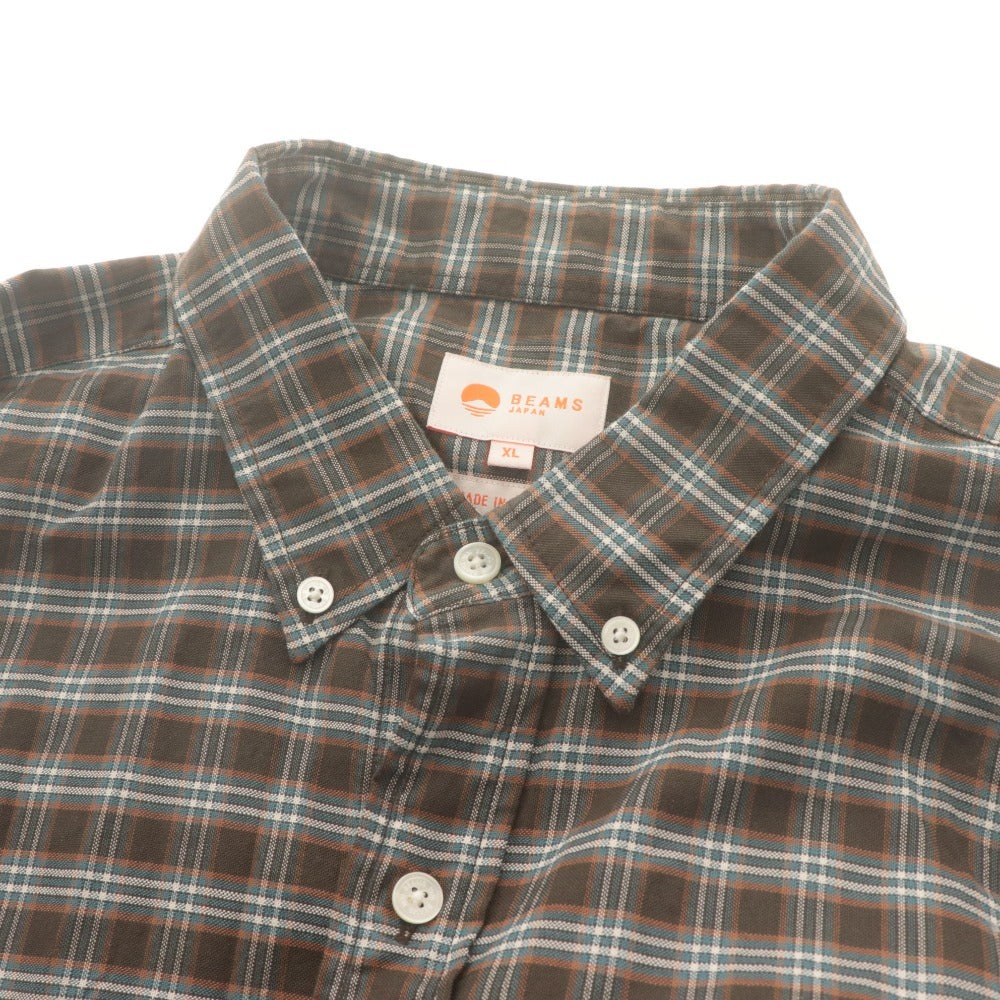■ ビームス BEAMS チェックシャツ 長袖 トップス オリジナル 日本製 飾り紐 コットン100% 綿メンズ XL カーキ系