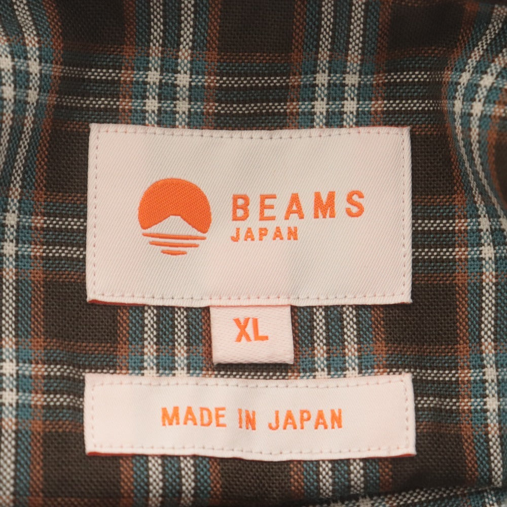 ■ ビームス BEAMS チェックシャツ 長袖 トップス オリジナル 日本製 飾り紐 コットン100% 綿メンズ XL カーキ系