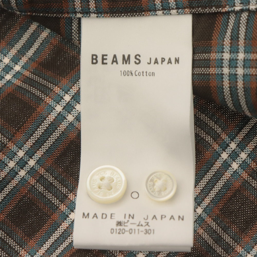 ■ ビームス BEAMS チェックシャツ 長袖 トップス オリジナル 日本製 飾り紐 コットン100% 綿メンズ XL カーキ系