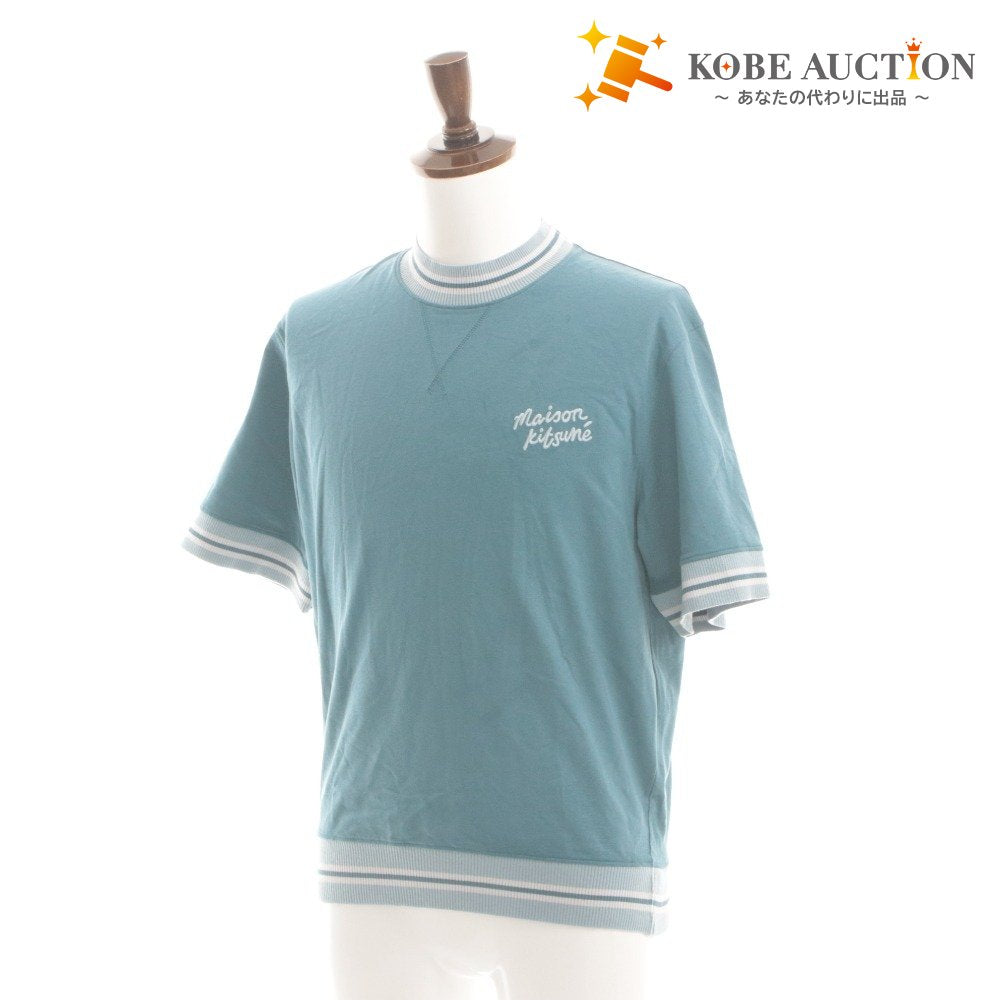 ■ MAISON KITSUNE Short Sleeve Sweatshirt Top Trainer Ribbed Logo Embroidery Cotton Men's XS Blue Green