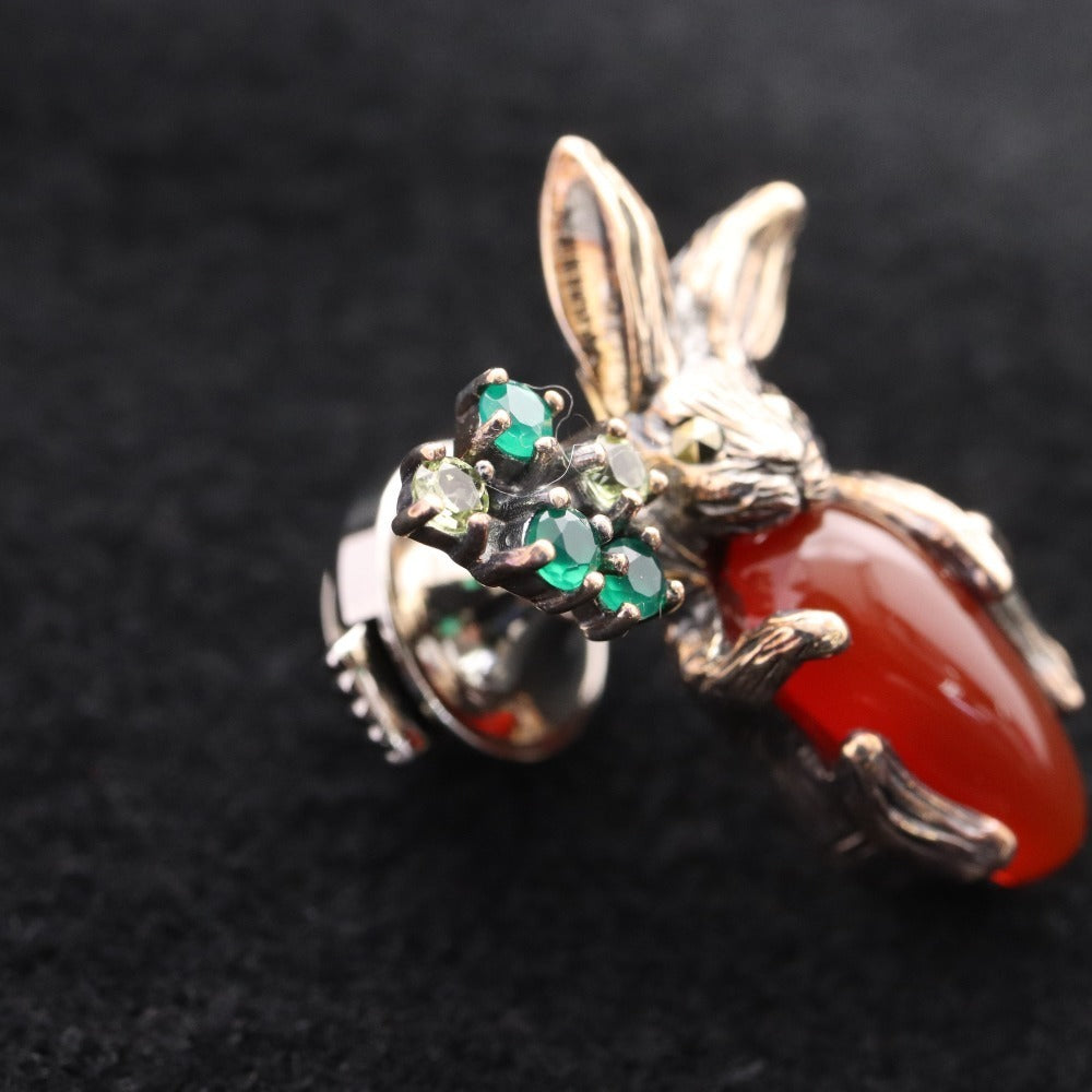 ■ Rokuzan Pin Brooch Accessory Carnelian Emerald Rabbit Carrot 925 Stamp 5g Silver Green Red Accessories Included