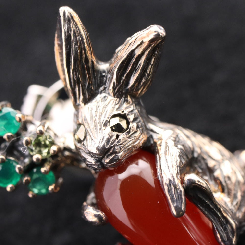 ■ Rokuzan Pin Brooch Accessory Carnelian Emerald Rabbit Carrot 925 Stamp 5g Silver Green Red Accessories Included