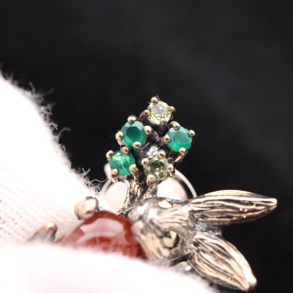 ■ Rokuzan Pin Brooch Accessory Carnelian Emerald Rabbit Carrot 925 Stamp 5g Silver Green Red Accessories Included