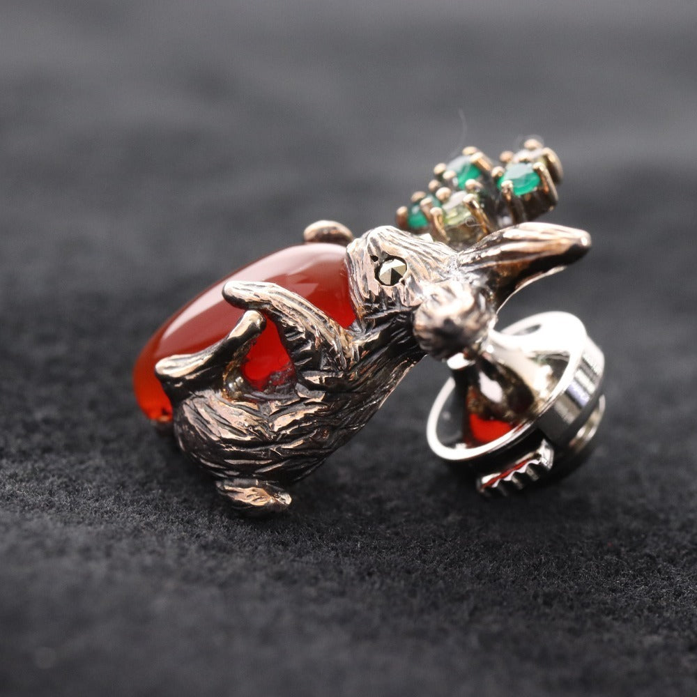 ■ Rokuzan Pin Brooch Accessory Carnelian Emerald Rabbit Carrot 925 Stamp 5g Silver Green Red Accessories Included