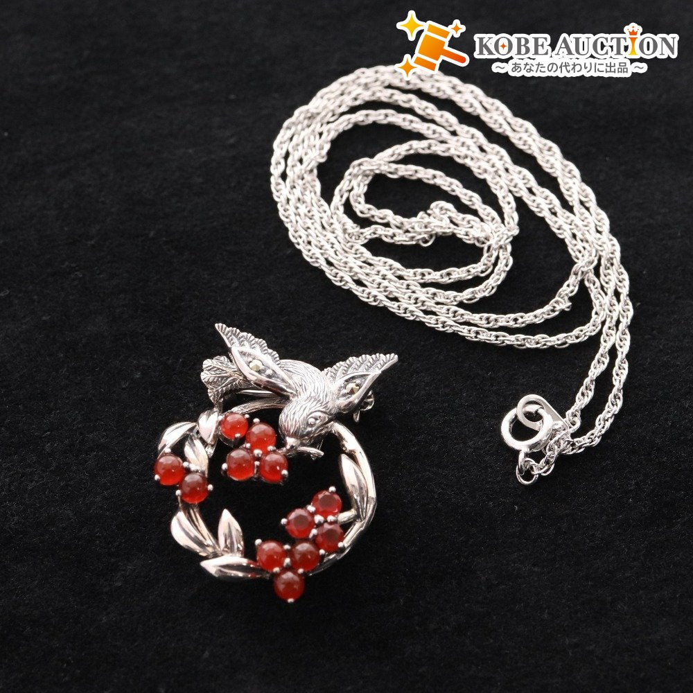 ■ Rokuzan Brooch Pendant Accessory SV Happy Bird Carnelian Marcasite 925 Stamp 6g Silver Red Accessories Included