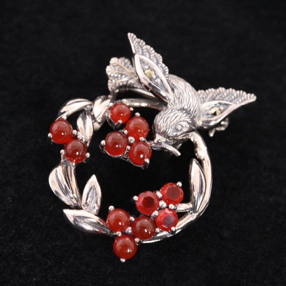 ■ Rokuzan Brooch Pendant Accessory SV Happy Bird Carnelian Marcasite 925 Stamp 6g Silver Red Accessories Included