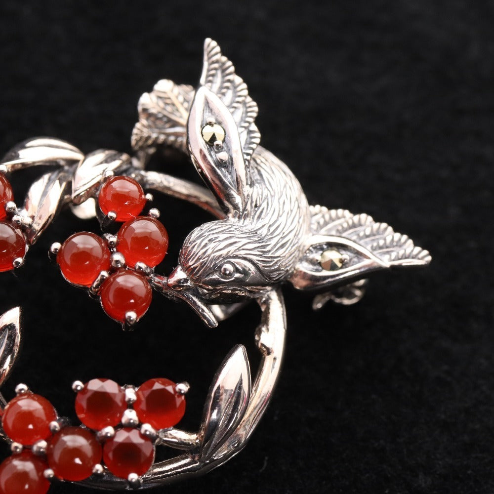 ■ Rokuzan Brooch Pendant Accessory SV Happy Bird Carnelian Marcasite 925 Stamp 6g Silver Red Accessories Included