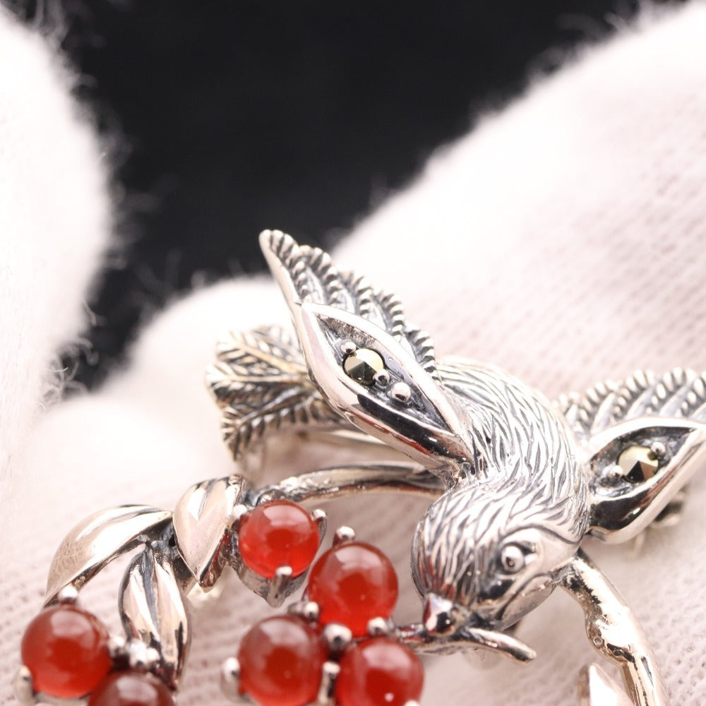 ■ Rokuzan Brooch Pendant Accessory SV Happy Bird Carnelian Marcasite 925 Stamp 6g Silver Red Accessories Included