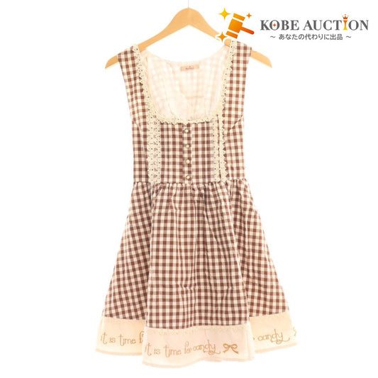 ■ Amabel One-piece dress, sleeveless, top, skirt, check, ribbon, embroidery, women's, M, brown