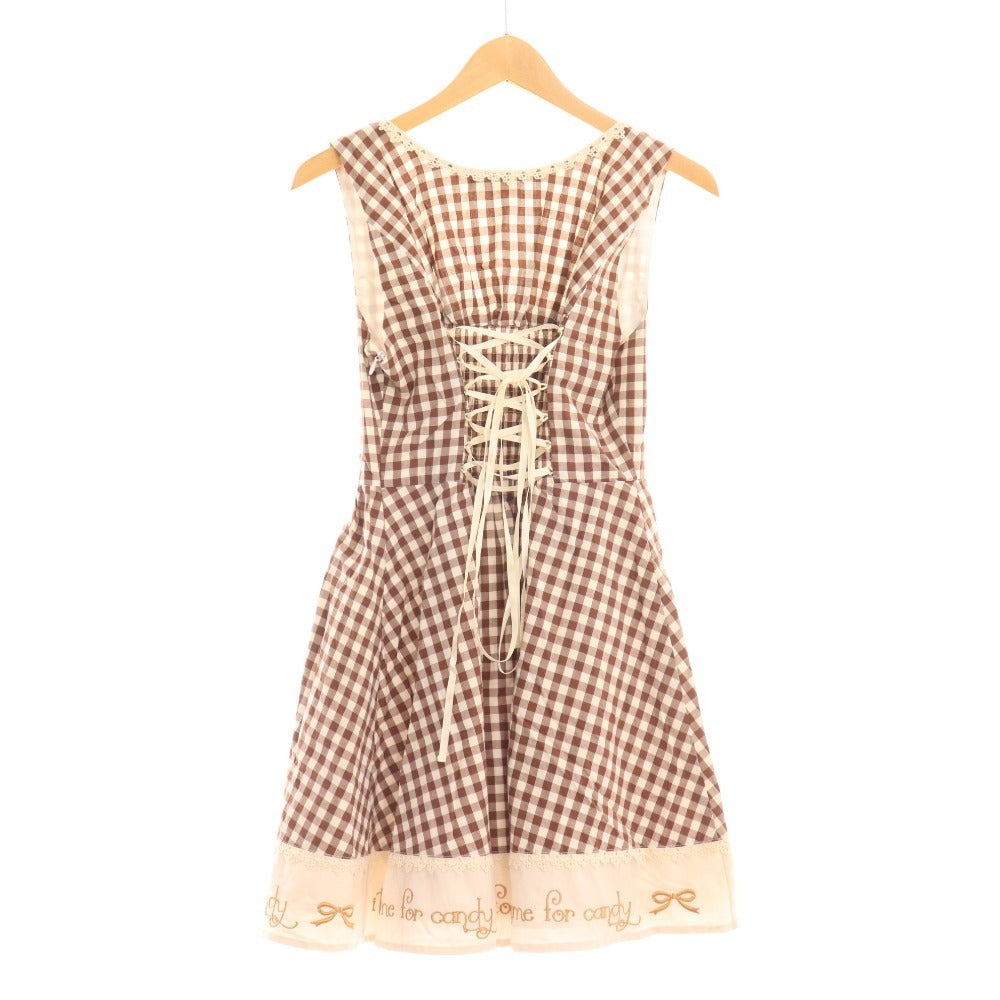 ■ Amabel One-piece dress, sleeveless, top, skirt, check, ribbon, embroidery, women's, M, brown