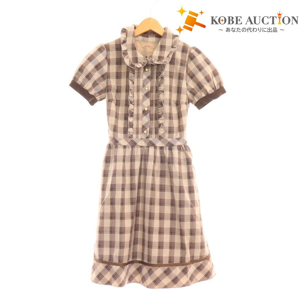 ■ Amabel One-piece dress, short sleeve top, skirt, checkered, ribbon, frill, women's, F, brown