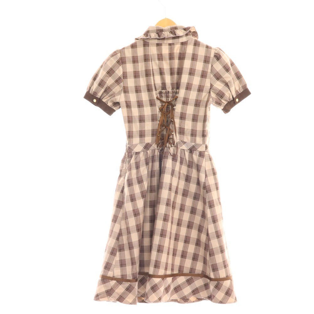 ■ Amabel One-piece dress, short sleeve top, skirt, checkered, ribbon, frill, women's, F, brown