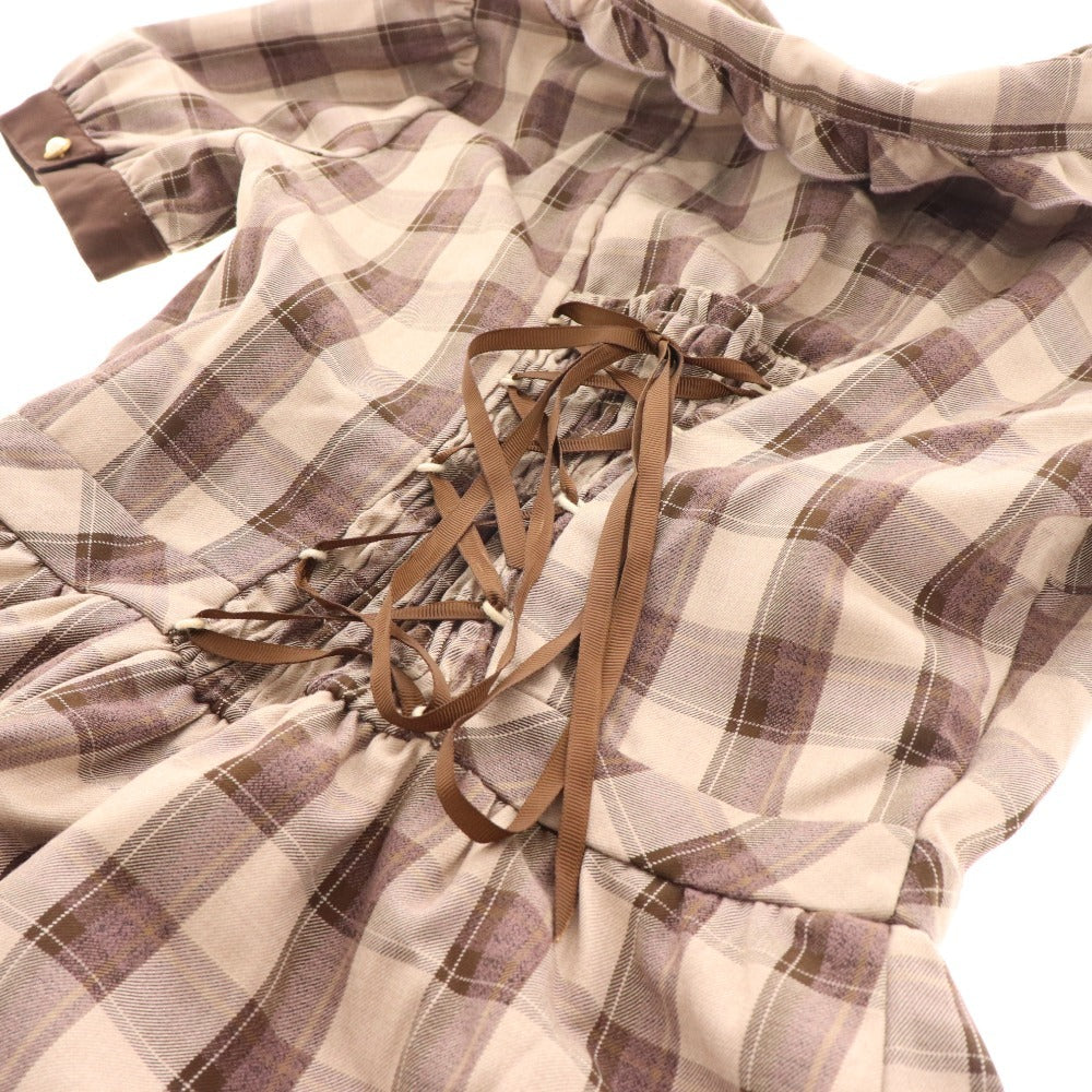 ■ Amabel One-piece dress, short sleeve top, skirt, checkered, ribbon, frill, women's, F, brown