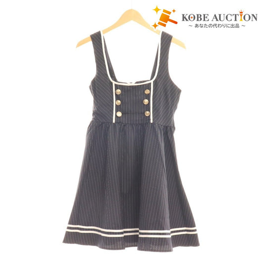 ■ Amabel One-piece dress, sleeveless, top, skirt, stripes, ribbon, gold buttons, women's, M, navy