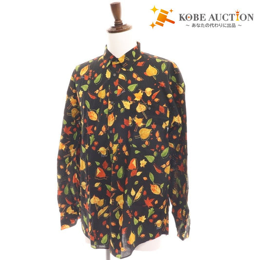 ■ Papas Shirt Long Sleeve Top Autumn Autumn Leaves Pattern 100% Cotton Men's M Black