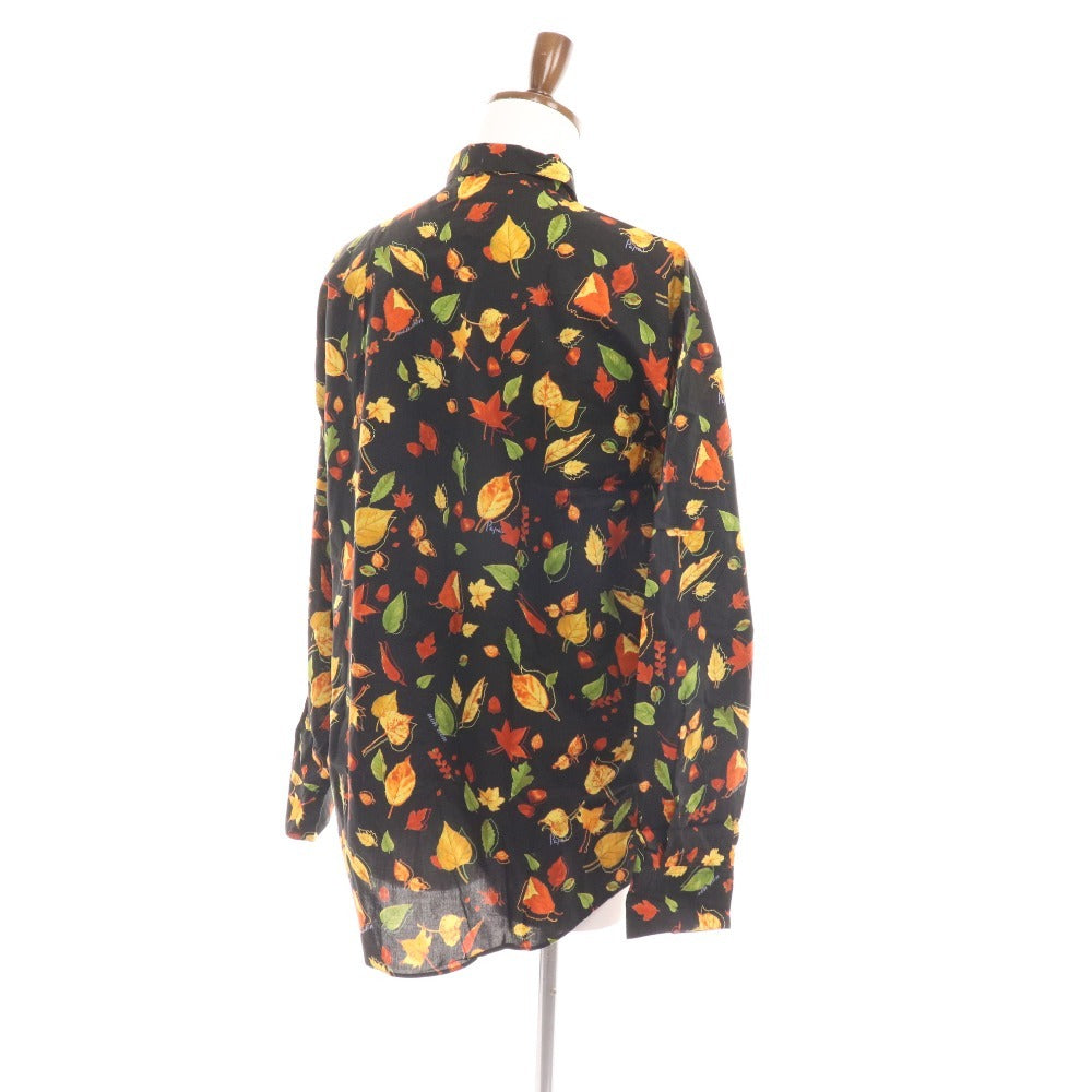 ■ Papas Shirt Long Sleeve Top Autumn Autumn Leaves Pattern 100% Cotton Men's M Black