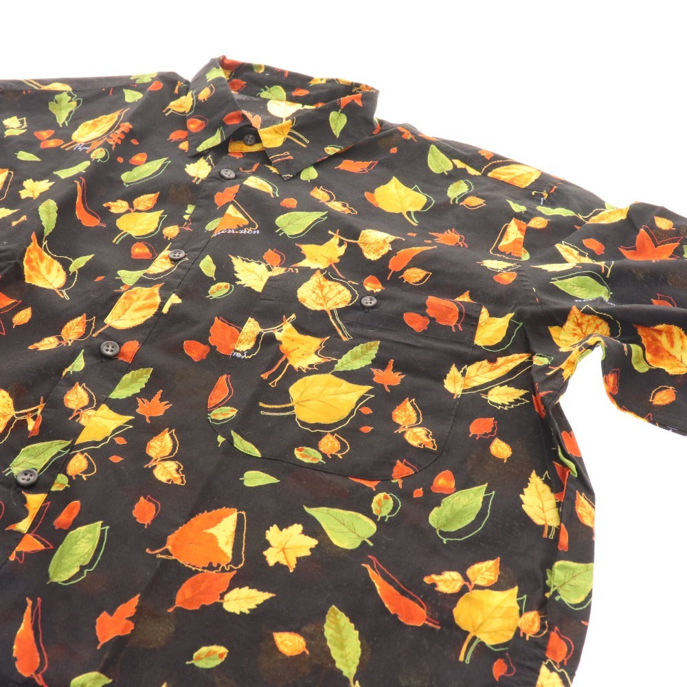 ■ Papas Shirt Long Sleeve Top Autumn Autumn Leaves Pattern 100% Cotton Men's M Black