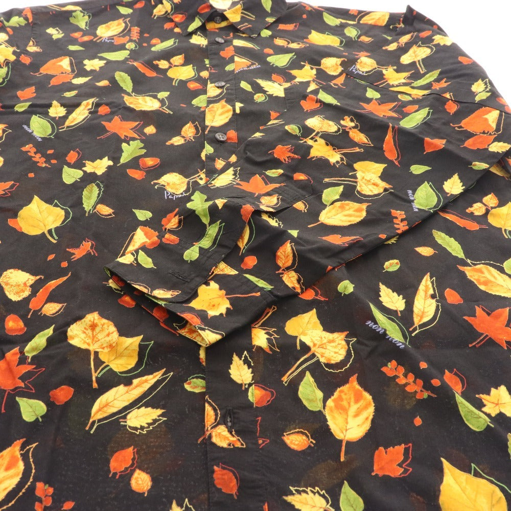 ■ Papas Shirt Long Sleeve Top Autumn Autumn Leaves Pattern 100% Cotton Men's M Black