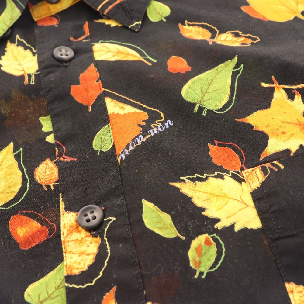 ■ Papas Shirt Long Sleeve Top Autumn Autumn Leaves Pattern 100% Cotton Men's M Black