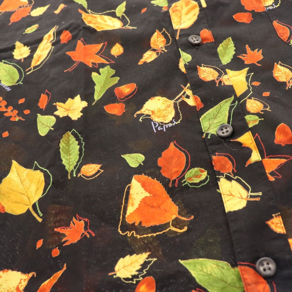 ■ Papas Shirt Long Sleeve Top Autumn Autumn Leaves Pattern 100% Cotton Men's M Black