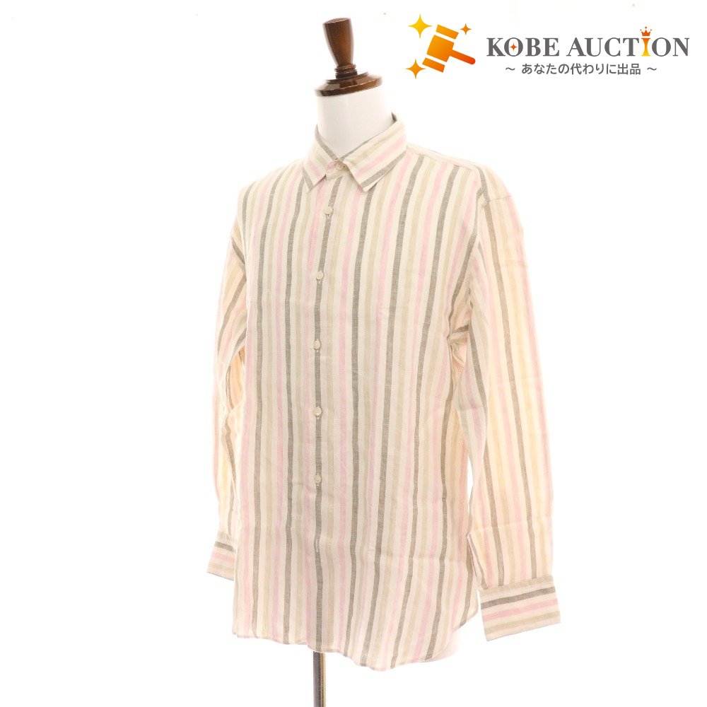 ■ Salvatore Ferragamo Shirt Long Sleeve Top Striped Linen 100% Men's L White Pink