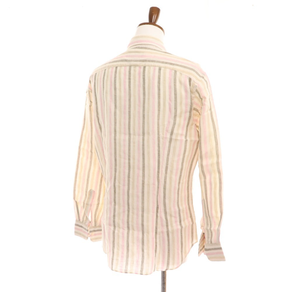 ■ Salvatore Ferragamo Shirt Long Sleeve Top Striped Linen 100% Men's L White Pink