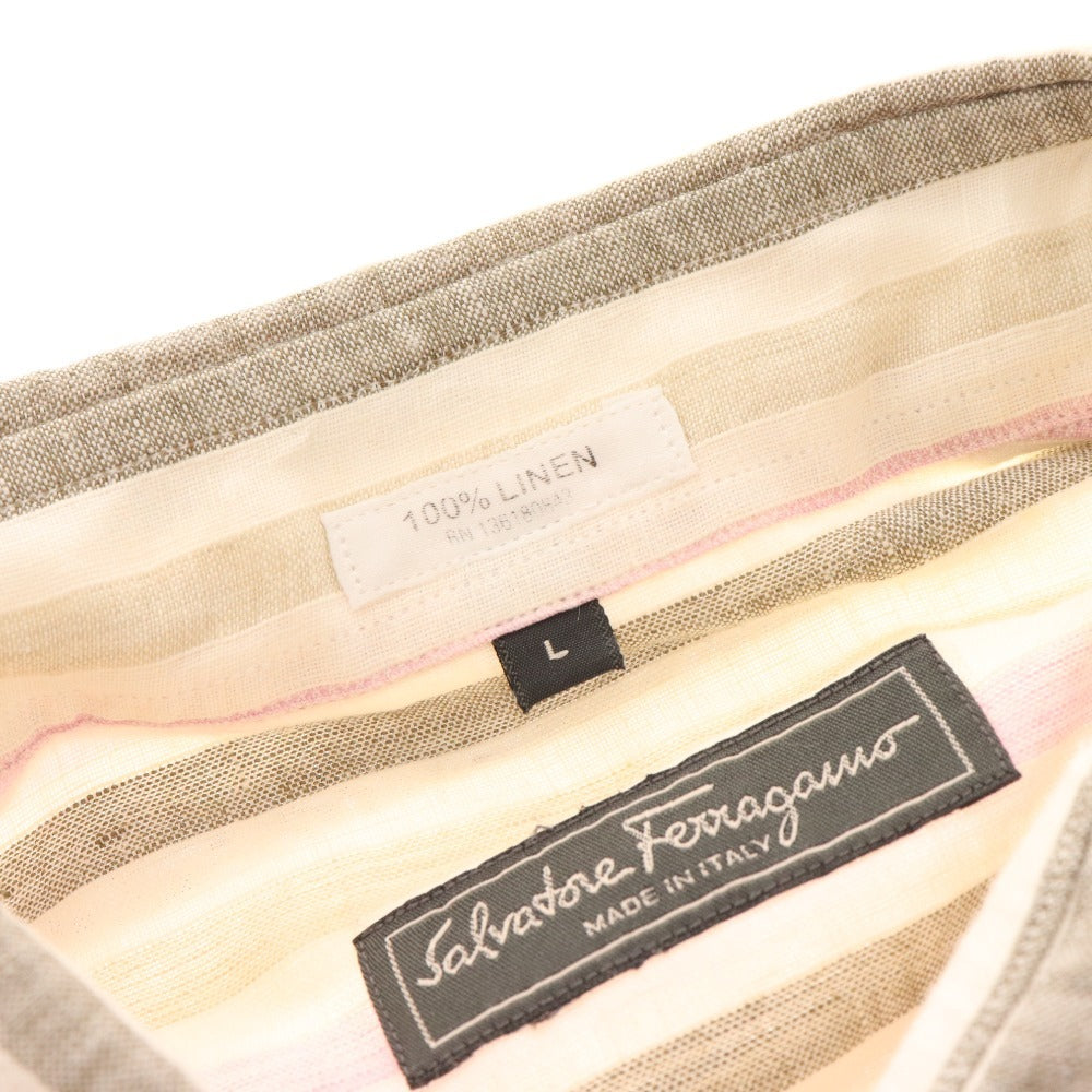 ■ Salvatore Ferragamo Shirt Long Sleeve Top Striped Linen 100% Men's L White Pink