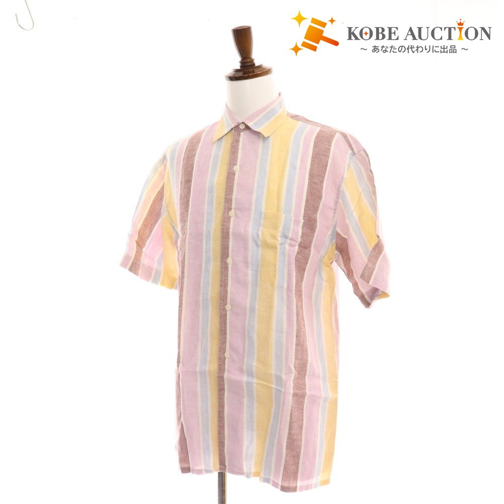 ■ Salvatore Ferragamo Shirt Short Sleeve Top Striped Linen 100% Men's M Pink Blue Yellow